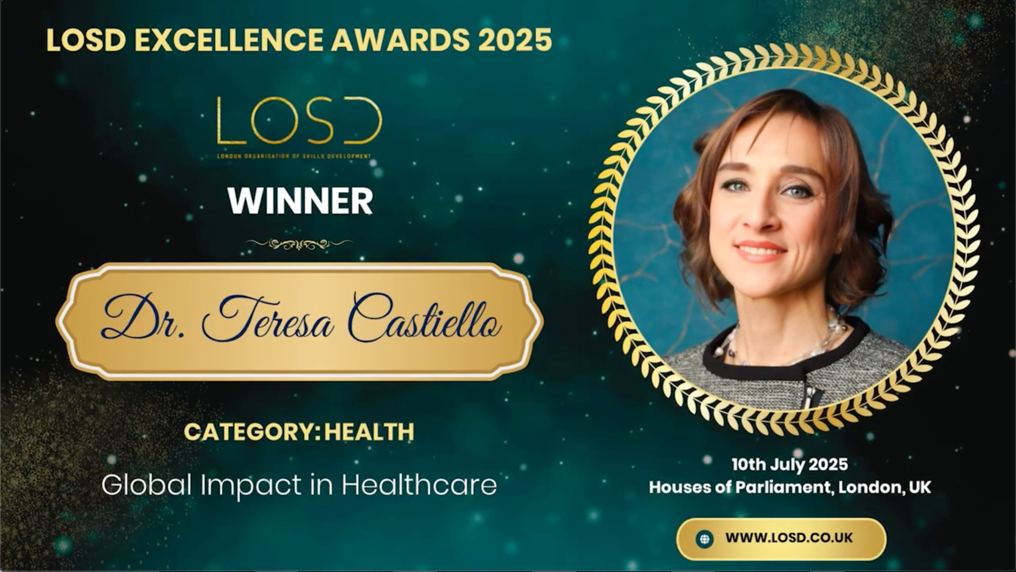 LOSD Excellence Awards 2025 | Houses of Parliament, London UK | Dr Teresa Castiello