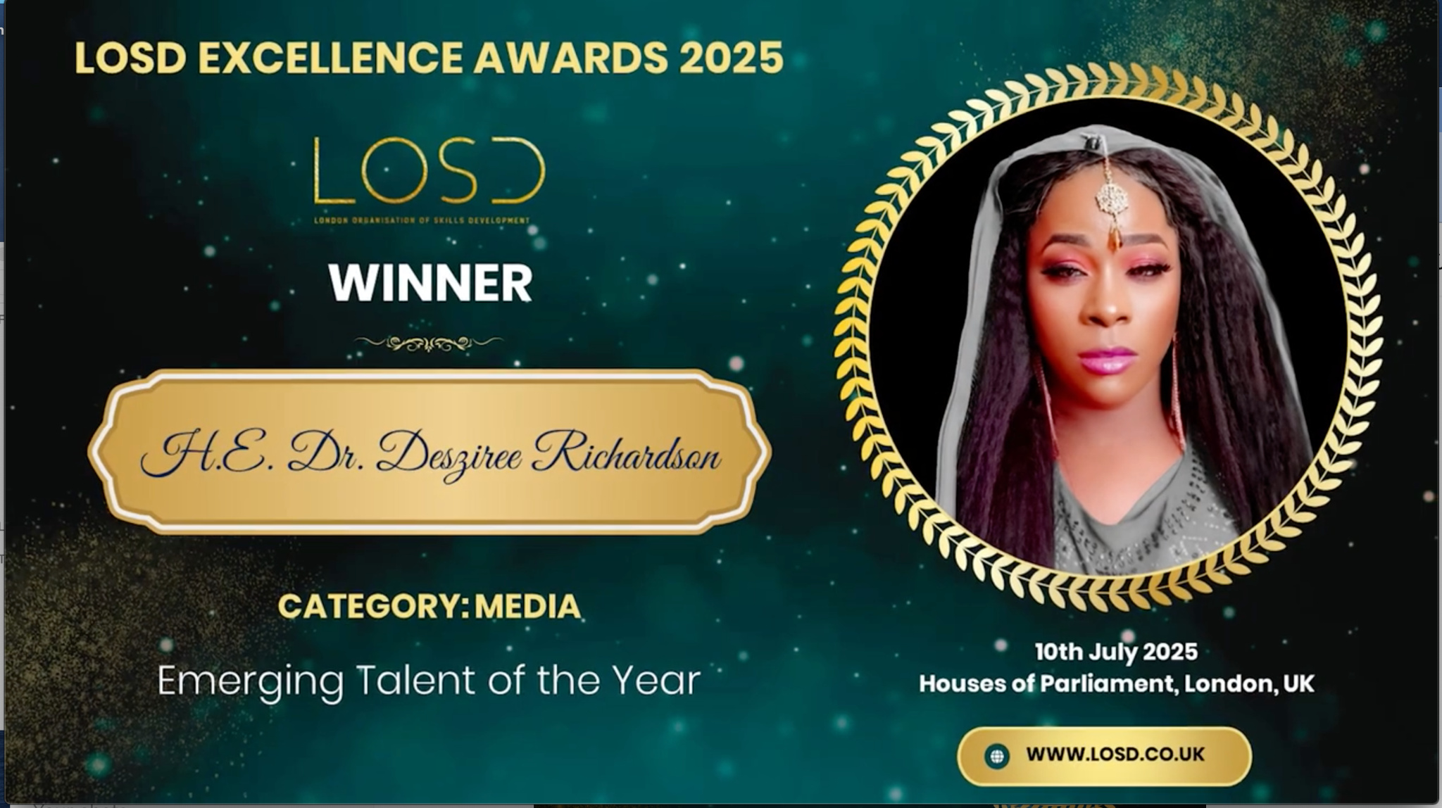 LOSD Excellence Awards 2025 | Houses of Parliament, London UK | H.E Dr Desziree Richardson