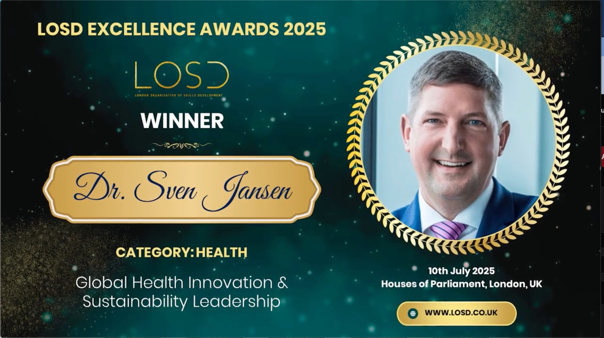 LOSD Excellence Awards 2025 | Houses of Parliament, London UK | Dr Sven Jansen